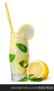Glass of lemonade with straw isolated on white background