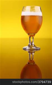 Glass of light beer over a bright yellow background