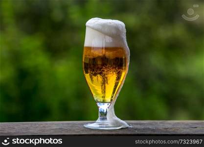 Glass of light beer with foam and bubbles on wooden table on green nature background. Beer is an alcoholic drink made from yeast-fermented malt flavoured with hops.