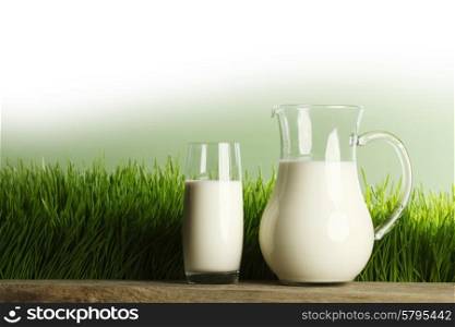 Glass of milk and jar on fresh grass meadow. Glass of milk and jar on meadow