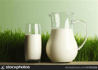 Glass of milk and jar on fresh grass meadow with chamomiles. Glass of milk and jar on flower meadow