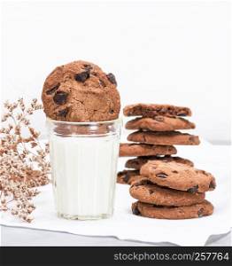 glass of milk and round chocolate chip cookies, close up