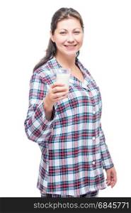 Glass of milk before bed for health, portrait of a girl on a whi. Glass of milk before bed for health, portrait of a girl on a white background