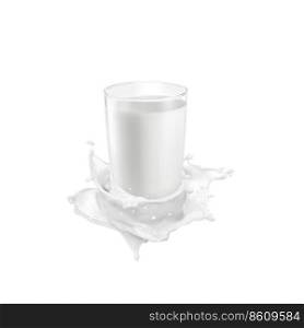Glass of milk on milk splashes on white background