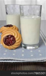 Glass of milk with biscuits with jam