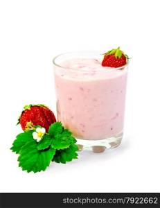 Glass of milkshake, berry, flower and green leaf strawberry isolated on white background