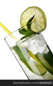 Glass of mojito close up isolated over white background