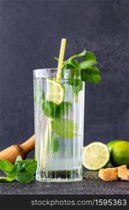Glass of mojito cocktail with ingredients on dark background