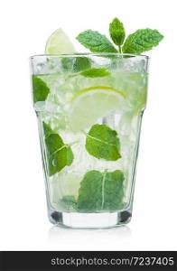 Glass of Mojito summer refreshing alcoholic cocktail with ice cubes mint and lime on white.