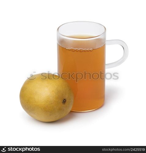 Glass of Monk fruit tea and a whole dried monk fruit, luo han guo, in front isolated on white background close up