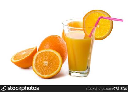 glass of orange juice and oranges isolated