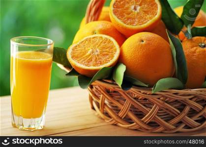 glass of orange juice and ripe fruits