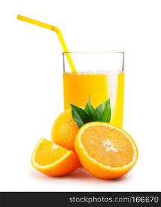 Glass of orange juice and the oranges isolated on white background. Glass of orange juice and the oranges