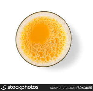 Glass of orange juice from above isolated on white background