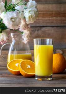Glass of orange juice with fresh oranges on the wooden background