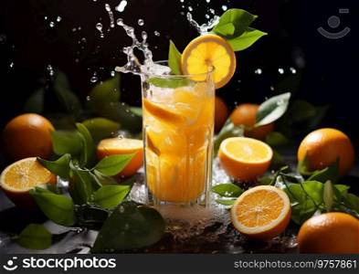 Glass of orange juice with slices and splash on dark background with ripe organic oranges.AI Generative