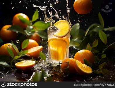 Glass of orange juice with slices and splash on dark background with ripe organic oranges.AI Generative