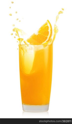 Glass of orange juice with splash and an orange slice isolated on white background. Glass of orange juice with splash and orange slice