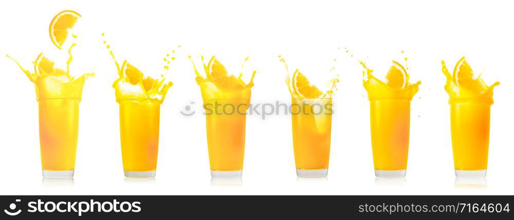 Glass of orange juice with splash from falling orange slice. Isolated on white background. Set, collection.. Glass of orange juice with splash from falling orange slice