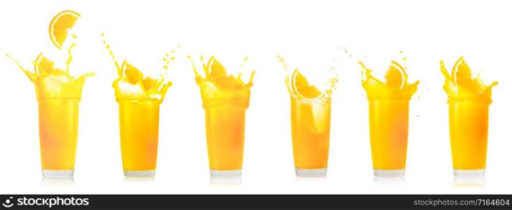 Glass of orange juice with splash from falling orange slice. Isolated on white background. Set, collection.. Glass of orange juice with splash from falling orange slice