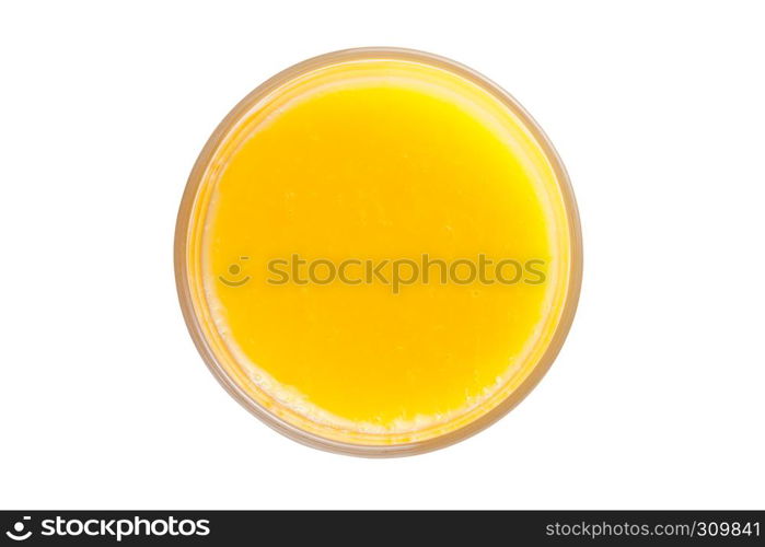 Glass of organic fresh orange smoothie juice top view on white background