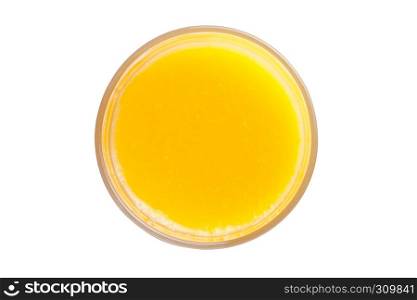Glass of organic fresh orange smoothie juice top view on white background
