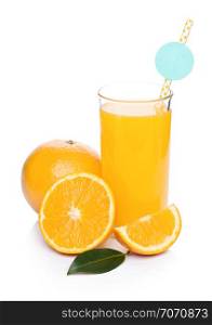 Glass of organic fresh orange smoothie juice with raw oranges and blue straw on white background