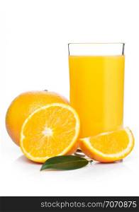 Glass of organic fresh orange smoothie juice with raw oranges on white background