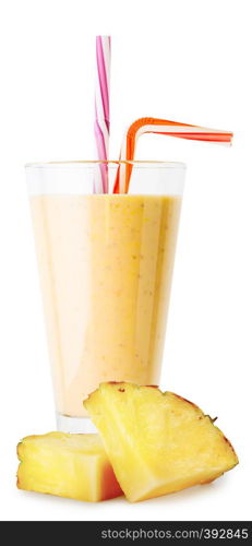 Glass of pineapple smoothie or yogurt with pineapple slices isolated on a white background. Glass of pineapple smoothie or yogurt with pineapple slices