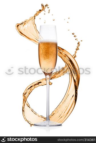 Glass of pink rose champagne with splashes and bubbles on white background