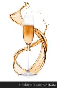 Glass of pink rose champagne with splashes and bubbles on white background