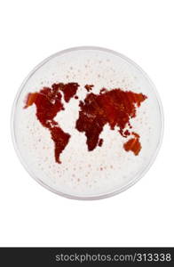 Glass of red ale beer top with earth map shape on white background top view