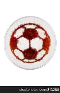 Glass of red ale beer top with football shape shape on white background top view
