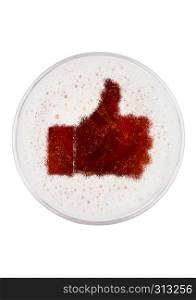 Glass of red ale beer top with like symbol shape on white background top view