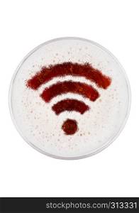 Glass of red ale beer top with wi-fi symbol shape on white background top view