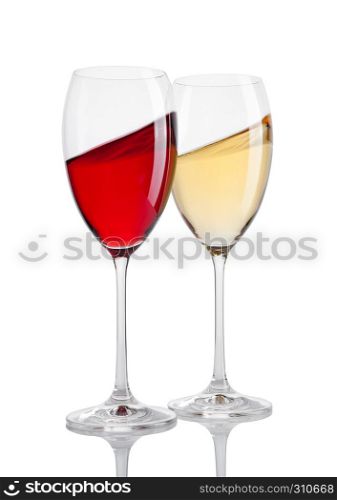 Glass of red and white wine in motion on white background