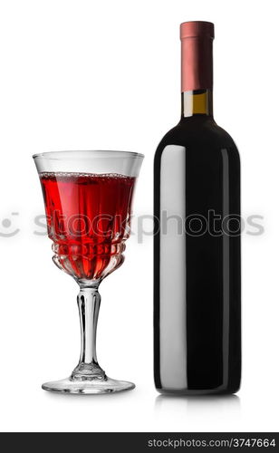 Glass of red wine and bottle isolated on white background