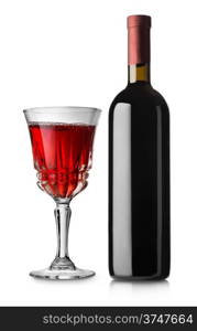 Glass of red wine and bottle isolated on white background
