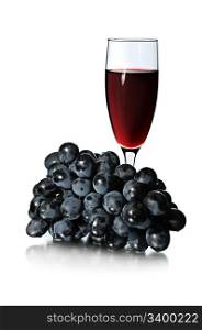 Glass of red wine and bunch of grapes isolated on white background.