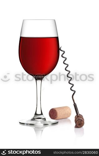 Glass of red wine, corkscrew and cork on a white background