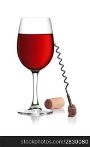 Glass of red wine, corkscrew and cork on a white background
