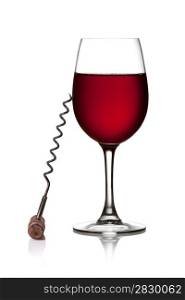 Glass of red wine. Glass of red wine and corkscrew on a white background