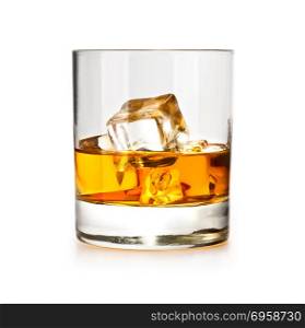 Glass of scotch whiskey and ice on a white background with clipping path. whiskiey glass with ice