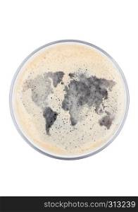 Glass of stout beer top with earth map shape on white background top view