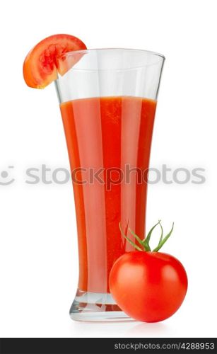 Glass of tomato juice with tomatoes isolated on white background