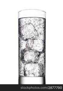 Glass of water with ice cubes on white background