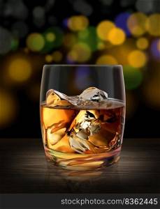 Glass of whiskey on a wooden table bar background abstract bokeh lights with soft light. 3d render