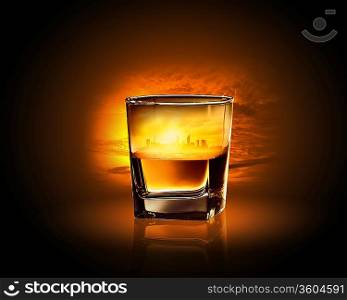 Glass of whiskey with city illustration in it