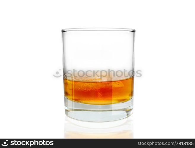 Glass of whiskey with ice on white backgroud