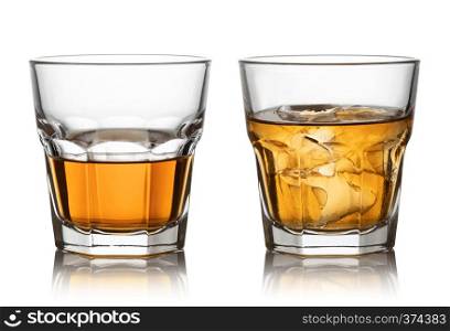 Glass of whisky and ice isolated white background. Glass of whisky